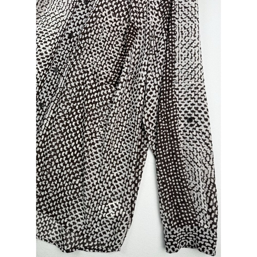 MICHAEL KORS Sheer Blouse Tunic Brown/White Roll-Tab Sleeve Button‎ Down NWT 1X - Picture 3 of 9